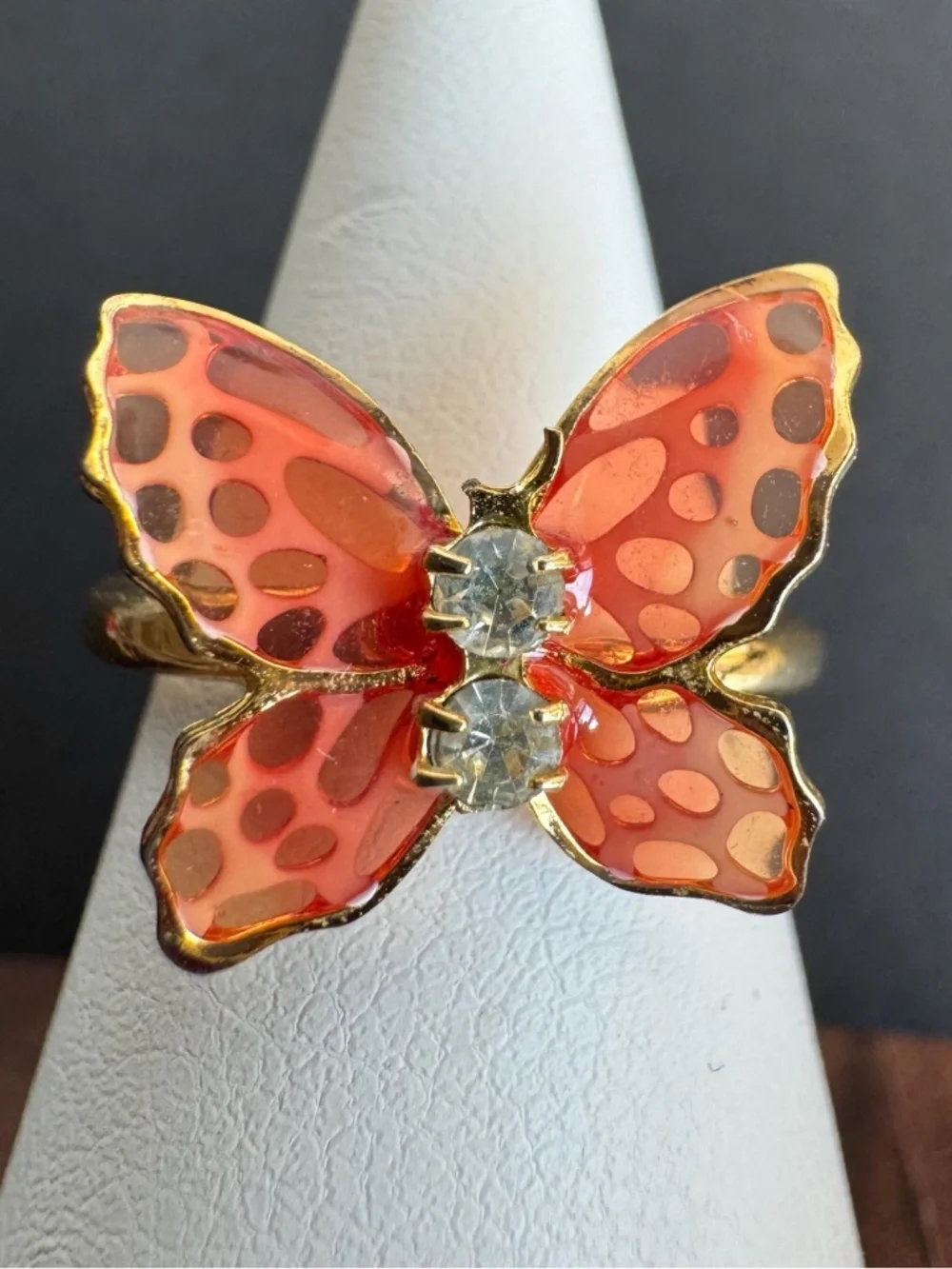Vintage Glass Butterfly Adjustable Ring Gold Tone Rhinestone Costume Jewelry